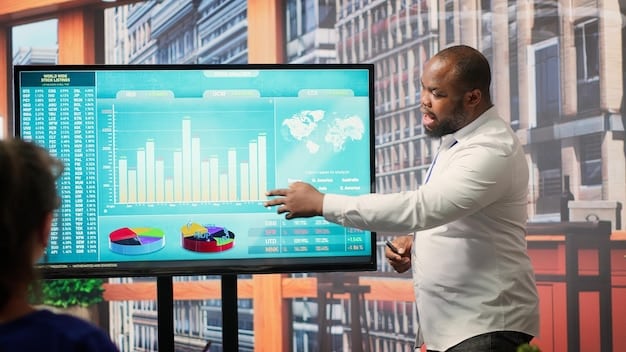 A coach pointing to a large screen displaying complex statistical models and data visualizations, surrounded by team members who are attentively watching and discussing the information. The scene conveys a collaborative atmosphere of data-driven strategy planning.