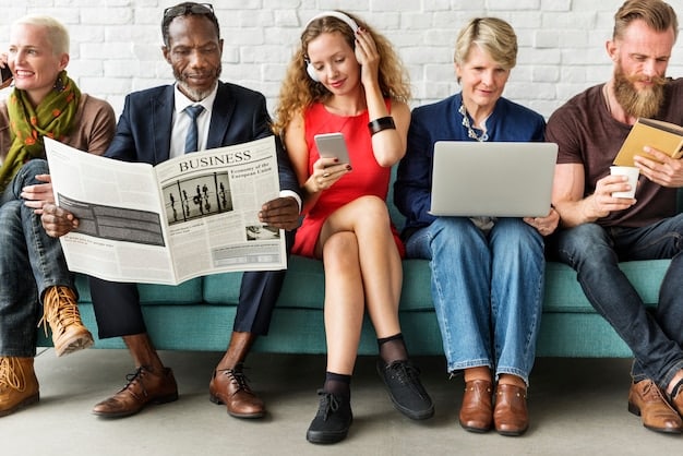 A diverse group of people, representing different demographics, looking at financial charts and news on tablets and phones with worried or contemplative expressions, against a blurred background of city lights at night.