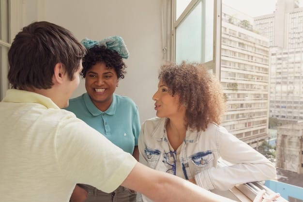 A diverse group of people smiling and interacting in a community health center setting, symbolizing accessible and affordable healthcare, with clear, modern design.