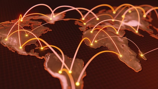 A complex visual representation of global supply chains, with interconnected nodes and arrows, highlighting pathways between Asia and the US.
