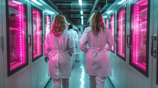 A futuristic research lab with scientists in lab coats examining advanced battery prototypes, surrounded by glowing screens and complex machinery, symbolizing innovation in energy storage.