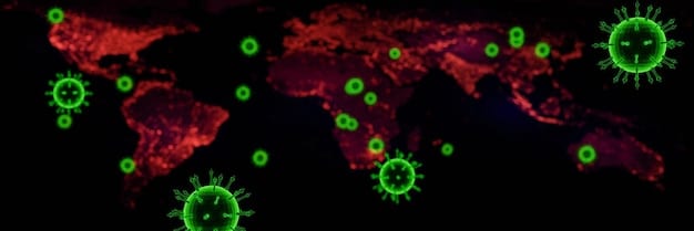 A detailed world map with glowing red hotspots indicating widespread viral outbreaks, overlaid with data graphs showing an upward trend of infections, symbolizing global disease tracking.