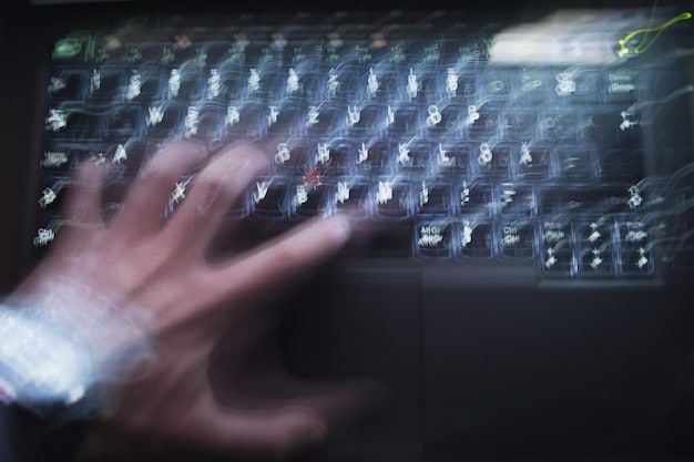 A close-up image of a hand typing on a keyboard, with digital security symbols and data streams overlaid on the screen, indicating advanced cybersecurity operations.