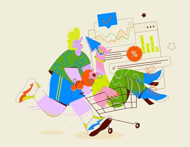Illustration of diverse consumers shopping, indicating increased spending across various retail sectors, with a background of economic growth indicators.