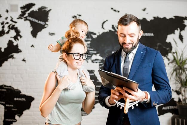 A family, holding hands, looking at a lawyer who is explaining documents on a tablet. The scene is calm, professional, and illustrates legal consultation for immigration.