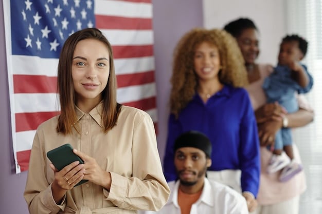 A diverse group of people attending a community workshop on immigration rights, with a speaker at the front and attendees engaged in discussion. The image depicts community engagement and shared learning.