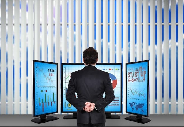 A financial analyst looking at multiple digital screens displaying bond yields, stock prices, and economic indicators.