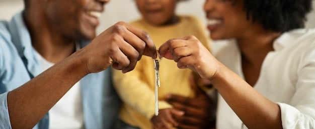 A diverse group of people celebrating homeownership, holding keys, with a backdrop of a vibrant, healthy neighborhood, emphasizing long-term stability and community well-being.