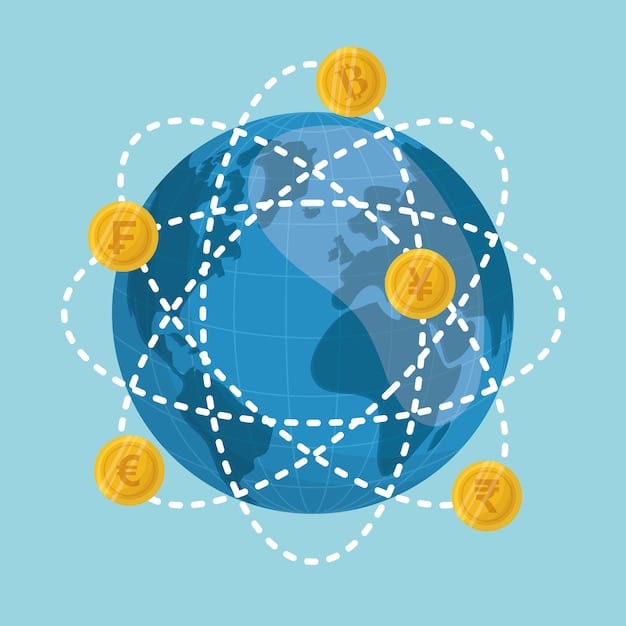 A globe with interconnected lines and different currencies flowing between continents, symbolizing international financial coordination and global economic interdependence during market volatility and emergency measures.