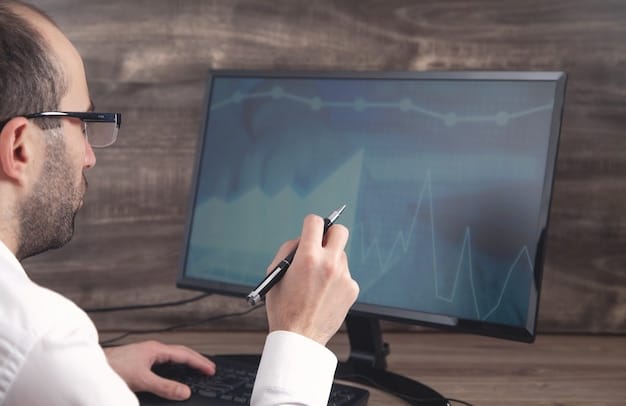 A financial analyst pointing at a digital screen displaying credit spread charts and bond ratings, with a worried expression, symbolizing the negative impact of an economic slowdown on corporate bond valuations.