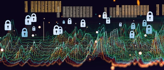 A digital visual representation of data streams and algorithmic trading, with security measures and locks overlaid, symbolizing market surveillance and enforcement.