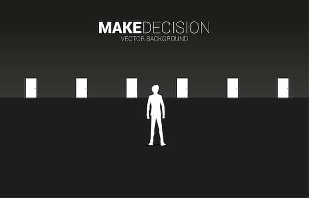 A silhouette of a person standing at a crossroads, looking at multiple diverging paths labeled 
