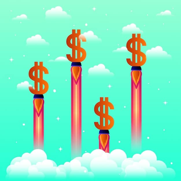 A stylized depiction of stacked US dollar bills growing taller and taller, casting a long shadow over a chart showing fluctuating interest rates and inflation arrows pointing upwards.