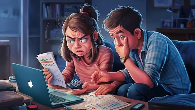 A visual representation of a family looking concerned while reviewing a financial statement, with symbols of increased expenses and interest rates floating around them.
