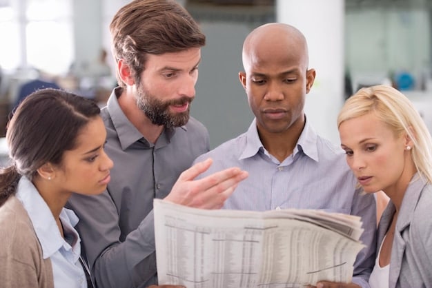 A diverse group of people in business attire looking concerned while reading a financial newspaper or glancing at a news ticker displaying economic data, symbolizing public anxiety.