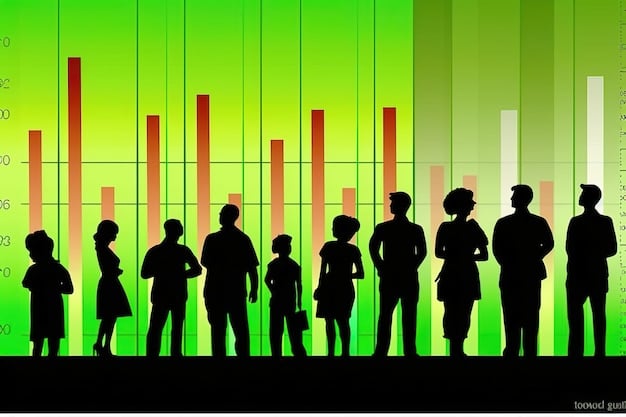 A line graph showing an upward trend of unemployment, overlaid with silhouettes of people looking for jobs and economic indicators such as declining stock market arrows, representing the challenges ahead.