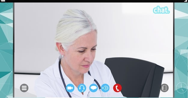 A doctor on a video call with a patient, both smiling. The doctor's screen shows an AI dashboard with patient health metrics and diagnostic insights. Sunlight streams into the patient's home, creating an optimistic atmosphere.