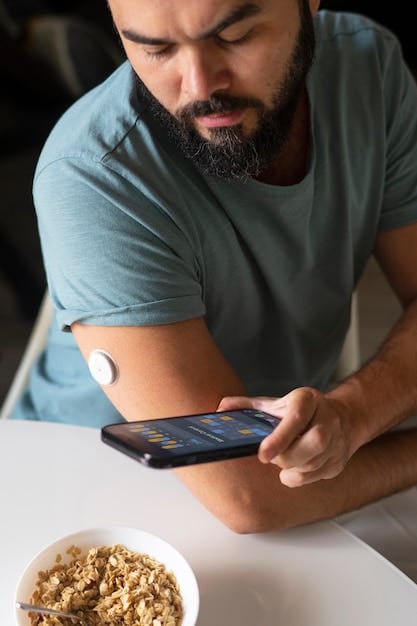 A close-up of a patient wearing a small, discreet remote monitoring patch on their arm, with blurred medical charts and a tablet showing vital signs in the background, emphasizing ease of use and data collection.