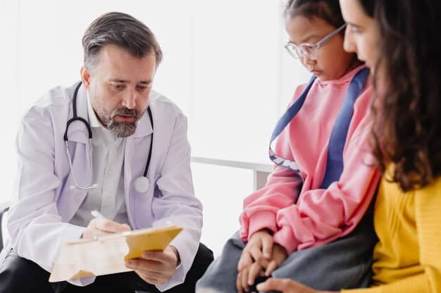 A close-up, compassionate image of a doctor speaking empathetically with parents, reviewing medical charts on a tablet, conveying a sense of detailed discussion about treatment options for a child.