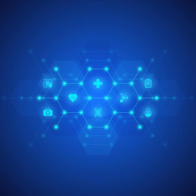 A digital padlock icon shimmering over a network of interconnected healthcare symbols, representing robust data security in a collaborative healthcare environment.