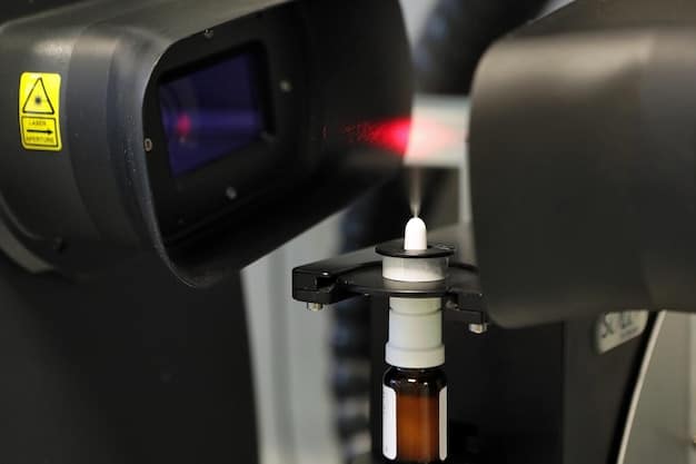 A close-up of a robotic arm precisely placing medication into a vial in a sterile, automated pharmacy environment. The lighting is bright and clinical, emphasizing accuracy.