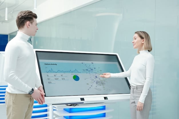 A hospital executive team reviewing financial projections and data on a large screen, with subtle robotic elements in the background, symbolizing strategic investment in future technology.