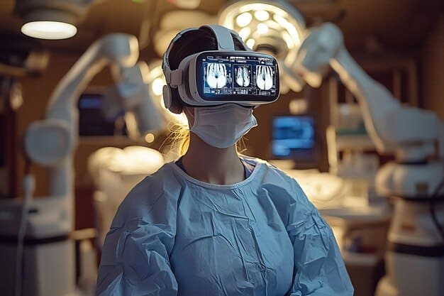 A surgeon in a control room, wearing VR/AR glasses, remotely operating a robotic surgical arm positioned over a patient in a rural clinic setting, with visual cues of low latency and high bandwidth.