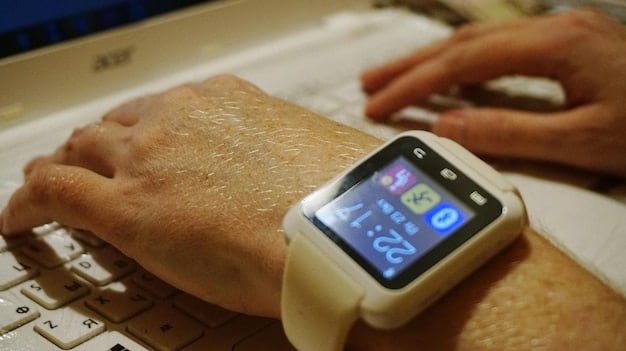 A close-up shot of a smartwatch displaying various physiological data points like heart rate, HRV, and skin temperature, superimposed with subtle graphical indicators of an anomaly or alert.