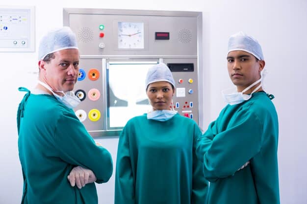 A diverse group of healthcare professionals, including a surgeon and a prosthetist, analyzing a 3D-printed anatomical model of a human skull, discussing surgical options in a bright hospital conference room.