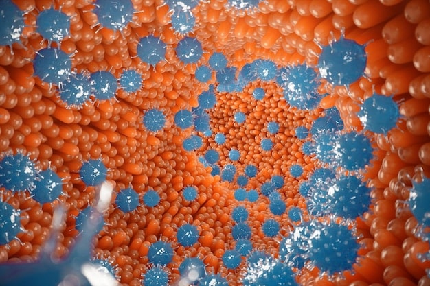 A detailed microscopic illustration showing T-cells interacting with cancer cells, highlighting the immune checkpoint blockade mechanism at a cellular level.
