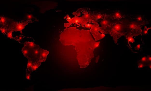 A digital map of the world with glowing red data points indicating disease hotspots, overlaid with upward-trending graphs and complex algorithms on a transparent screen, symbolizing predictive modeling.