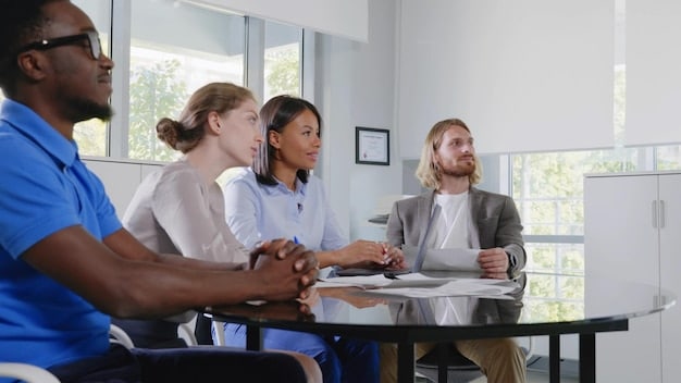 A diverse group of healthcare professionals (doctors, nurses, therapists) in a hospital meeting room, discussing data on a large screen displaying VR patient progress graphs, symbolizing interdisciplinary collaboration.