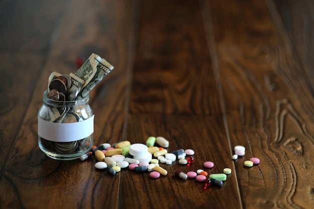 A stack of coins and a small pile of prescription pills, symbolizing the financial burden of medication, but with a slight upward arrow suggesting a positive shift in affordability due to new policies.