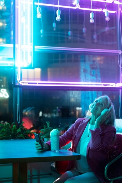 A futuristic smart home environment with an elderly person comfortably seated, surrounded by subtle glowing interfaces and health monitoring devices seamlessly integrated into the furniture and decor.
