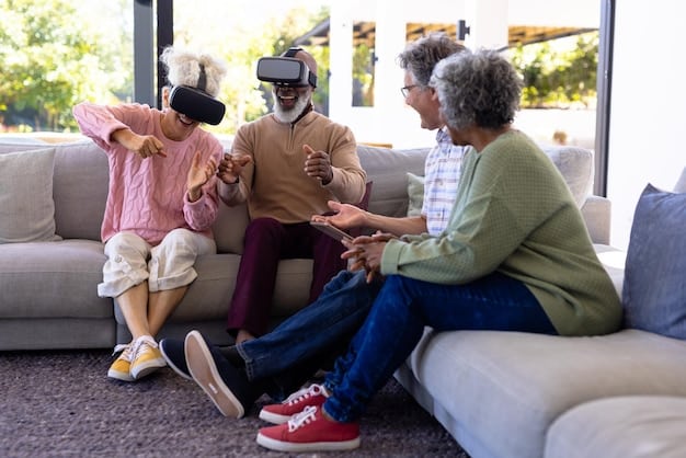 A diverse group of elderly individuals actively engaging in a virtual reality experience, with some wearing VR headsets and others laughing and pointing at a shared screen showing a serene natural landscape.