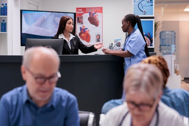A diverse group of nurses collaborating around a large interactive screen displaying patient data and telehealth consultations in a modern, well-lit medical facility. Emphasize teamwork and advanced tech.
