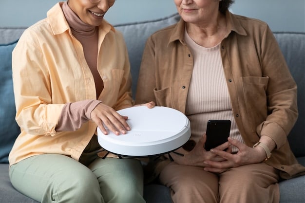 A nurse demonstrating the use of a small, discreet wearable biosensor to an elderly patient during a home visit, emphasizing comfort, ease of use, and patient-centered care.