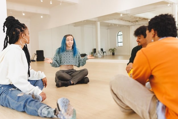 A diverse group of US adults participating in a guided meditation session in a community hall, with calm expressions and focused postures, demonstrating collective well-being.