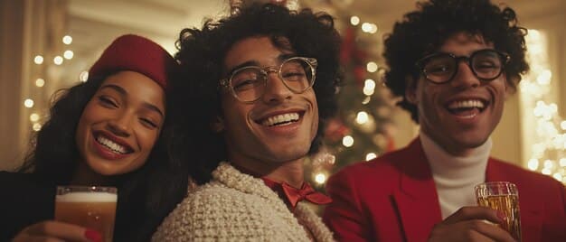 A diverse group of friends smiling and clinking glasses at a cozy holiday gathering, emphasizing healthy social connections and shared joy.