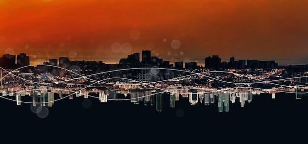 An abstract image of interconnected data points and graphs, symbolizing the complex web of economic impacts across a city skyline.