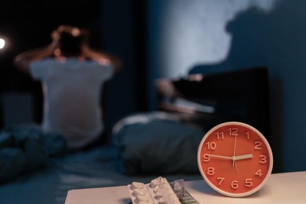 A close-up of a worker looking stressed and unable to sleep, with a clock showing early morning hours on a bedside table. The image reflects struggle with insomnia due to work stress.