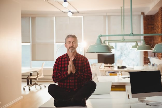 A serene image of a US worker meditating or practicing mindfulness in a quiet space, symbolizing mental wellness and stress reduction for better sleep.