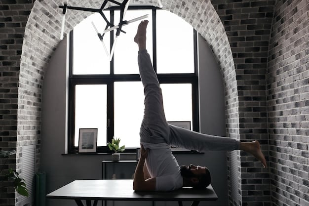 A person practicing gentle stretching in a bright, minimalist office space, emphasizing the integration of physical activity into the work environment for stress relief.