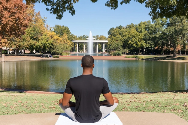 A calm person meditating in a park in Washington D.C., with the Lincoln Memorial visible in the background, embodying peace and self-reflection in an urban environment.