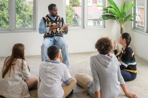 A diverse group of people sitting in a circle, engaged in a conversation about mental well-being, symbolizing community support in a US setting.