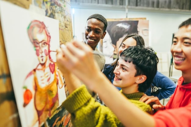 A diverse group of people participating in a community art class, illustrating the importance of creative expression and social connection for mental wellness.