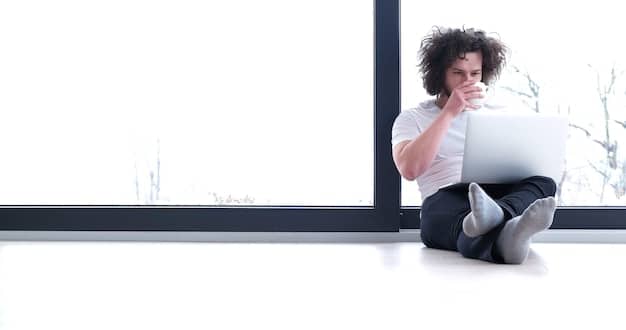 A person sitting calmly by a window, contemplating with a thoughtful, content expression while holding a small, blooming plant or writing in a journal. The setting should be peaceful and warm, suggesting introspection and self-care.