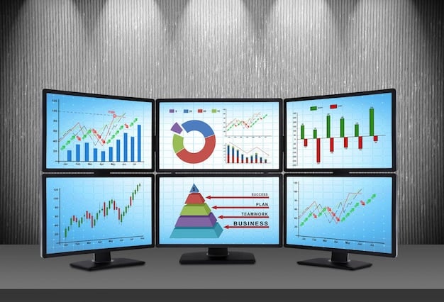 A stylized image of financial data flowing across multiple screens, with charts and graphs showing upward trends, alongside a thoughtful person reviewing statistics, symbolizing data analysis and decision-making by financial experts.