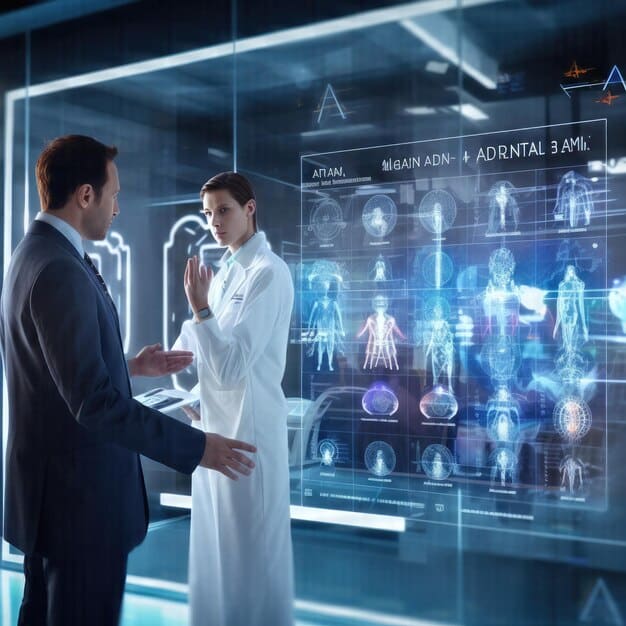 A futuristic doctor's office with a holographic display showing a patient's personalized health risk profile generated by AI, demonstrating predictive analytics in action.