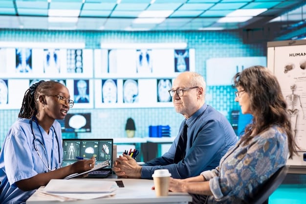 A diverse group of healthcare professionals and ethicists discussing AI regulations and patient data privacy in a brightly lit conference room, symbolizing collaborative problem-solving.